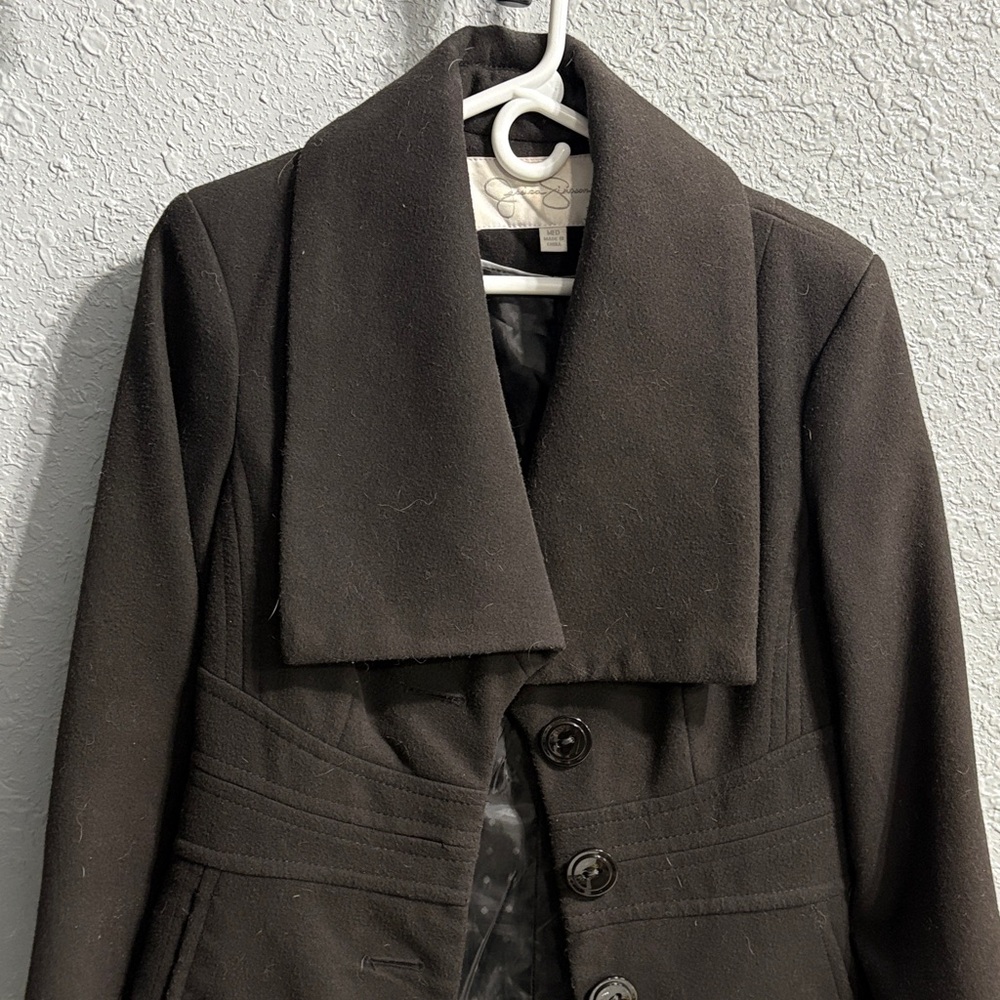 Jessica Simpson Black Wool-Blend Pea Coat with Wide Shawl Collar